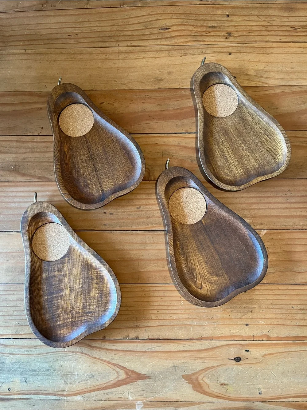 Vintage MCM Wood Pear Shaped Coaster Snack Tray Set of 4